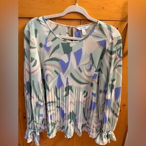 Nine West Pleated Long-Sleeve Dress in Sage Green, Periwinkle & Cream